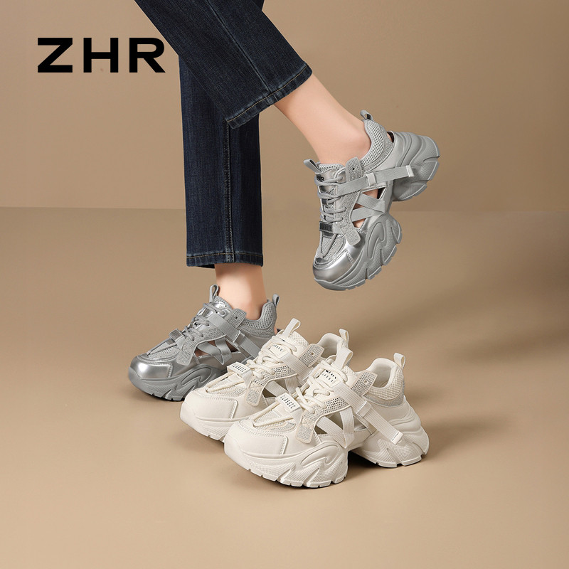 13800164.【ZHR则则】老爹鞋圆头系带厚底女鞋[灰色：PU+网布+钻下(PU);米色：PU+网布+钻下(麂皮绒)]