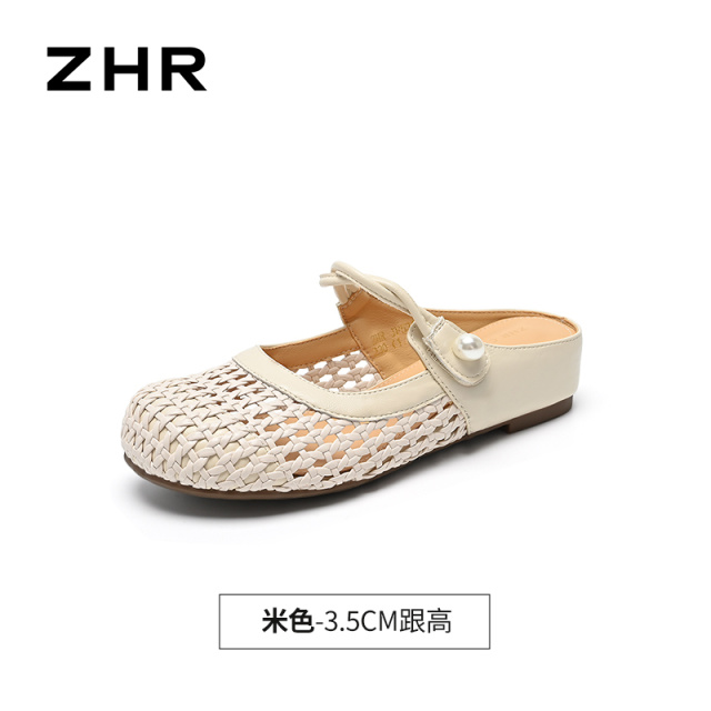 13411289.【ZHR则则】穆勒拖鞋圆头套脚平底女鞋[PU+PU编织]