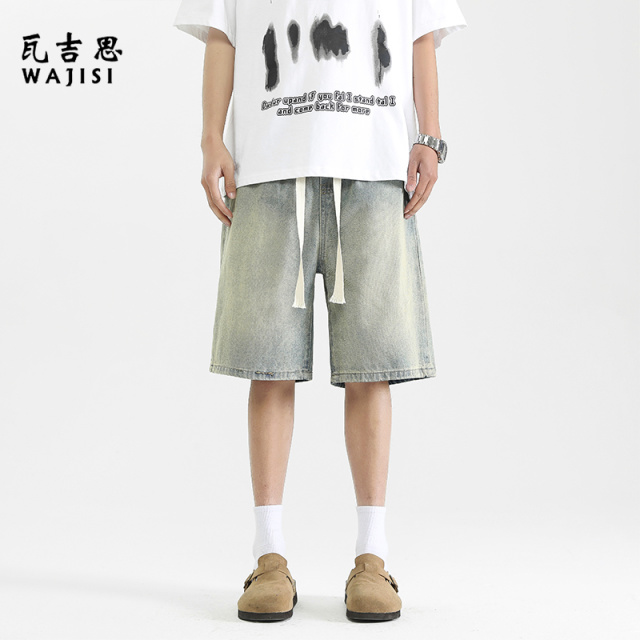 13414550.短裤男夏季潮牌浅色复古直筒裤牛仔裤美式宽松裤子男生休闲五分裤