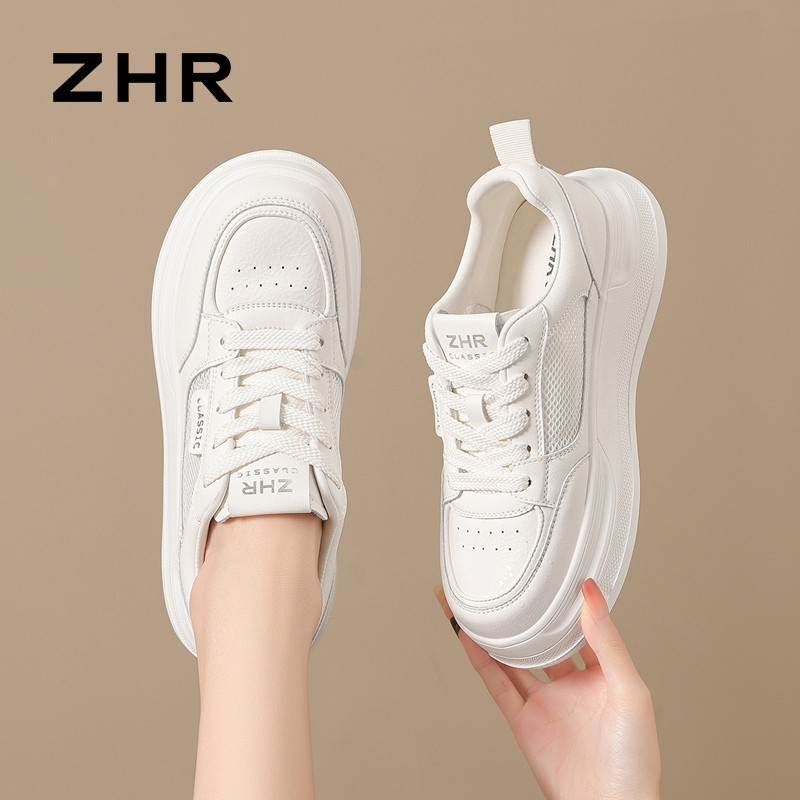 13535017.【ZHR则则】厚底小白鞋圆头系带网面厚底女鞋[PU+网布]