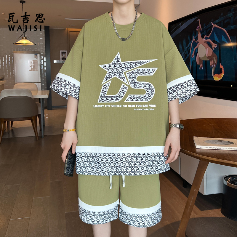 13414525.夏季新款青少年时尚冰爽新浪纹拼接短袖短裤套装休闲日常百搭两件套