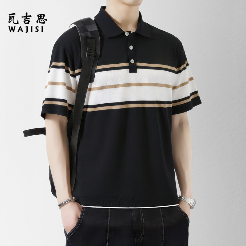13414498.夏季新款POLO衫男士短袖T恤高端时尚撞色条纹针织翻领半袖上衣男