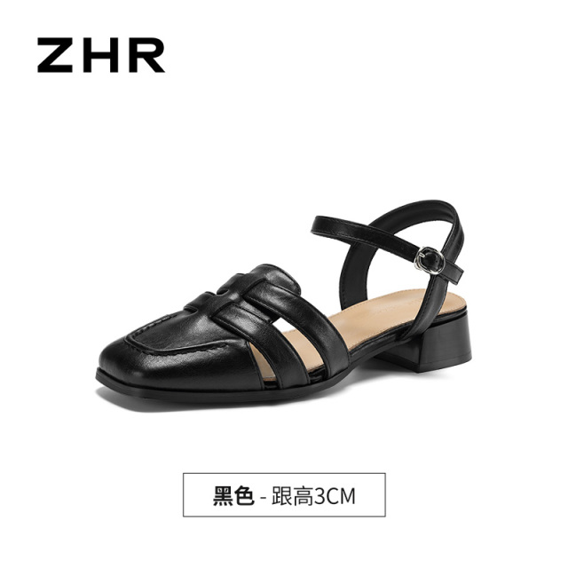 13411263.【ZHR则则】罗马凉鞋方头搭扣粗跟女鞋[羊皮软垫]