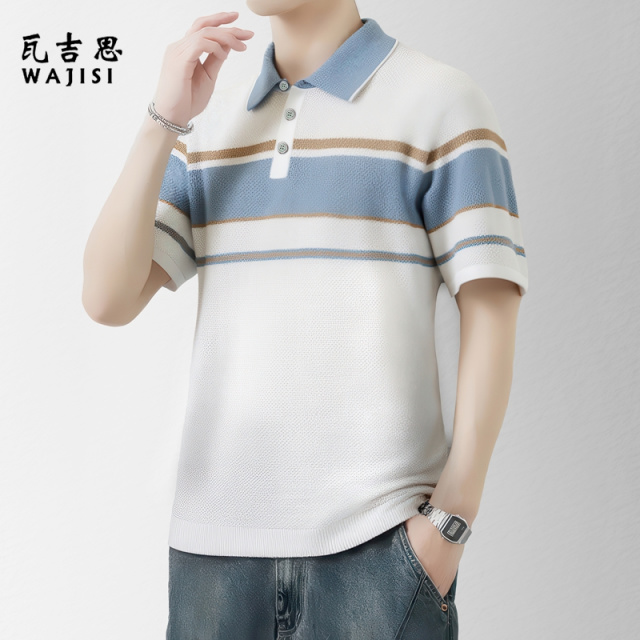 13414489.夏季新款针织短袖上衣男士薄款潮流撞色休闲翻领舒适百搭POLO衫男