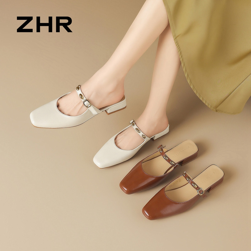 13411288.【ZHR则则】穆勒拖鞋方头套脚平底女鞋[PU]