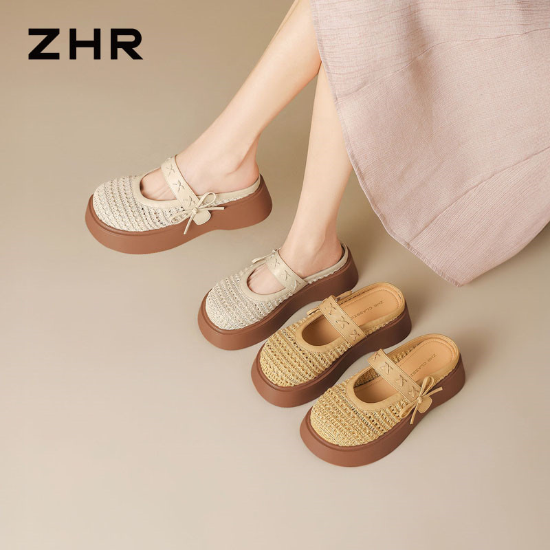 13535027.【ZHR则则】包头拖圆头套脚蝴蝶结厚底女鞋[PP草+PU]