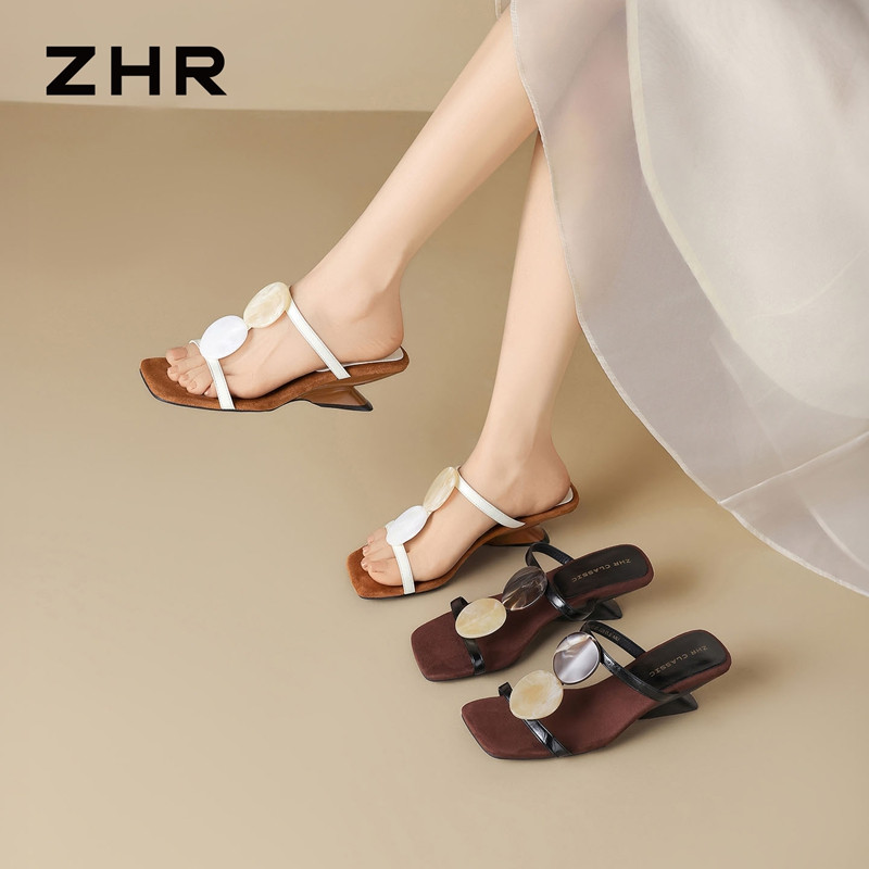 13800162.【ZHR则则】粗跟拖鞋方头套脚异形跟女鞋[PU]