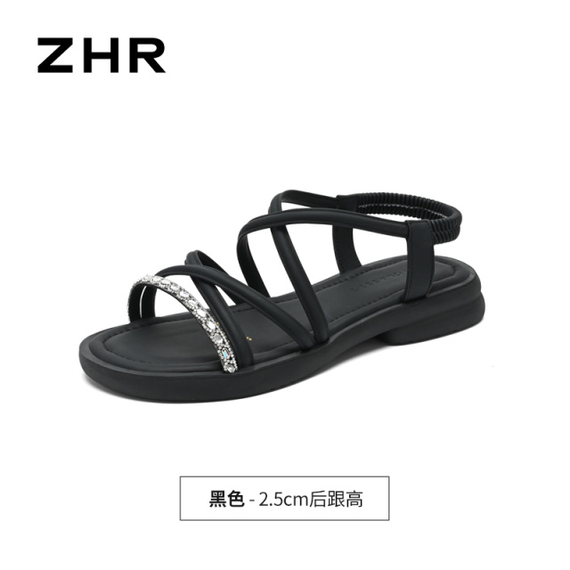 13411270.【ZHR则则】平底凉鞋露趾套脚平底女鞋[PU+超纤布+水钻]