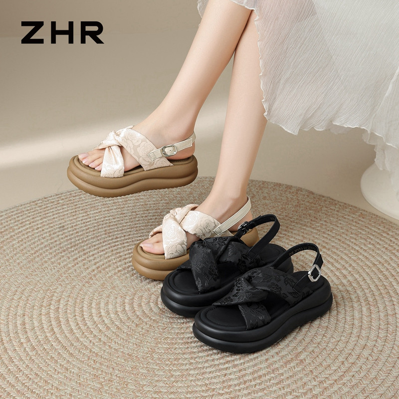 13411245.【ZHR则则】厚底凉鞋露趾搭扣厚底女鞋[花布+超纤]