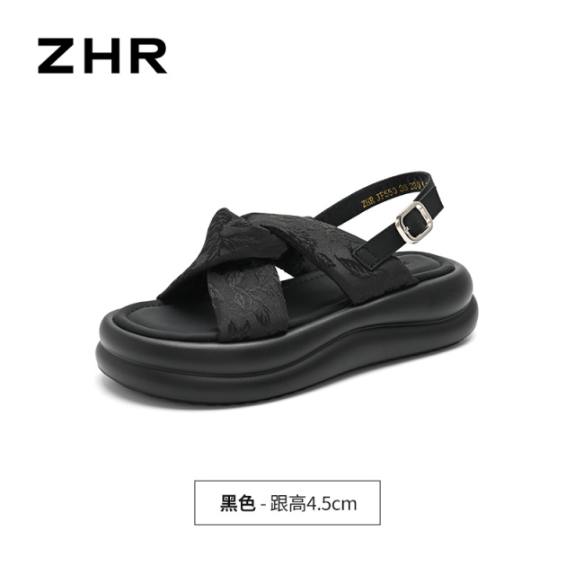 13411245.【ZHR则则】厚底凉鞋露趾搭扣厚底女鞋[花布+超纤]
