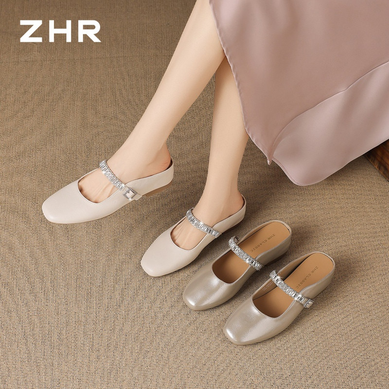 13535040.【ZHR则则】穆勒拖鞋方头水钻套脚平底女鞋[羊皮软垫]