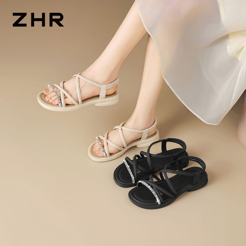13411270.【ZHR则则】平底凉鞋露趾套脚平底女鞋[PU+超纤布+水钻]
