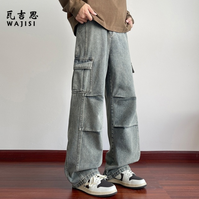 13414529.工装牛仔裤男春秋季直筒宽松黑色休闲裤子美式潮牌多口袋大码长裤