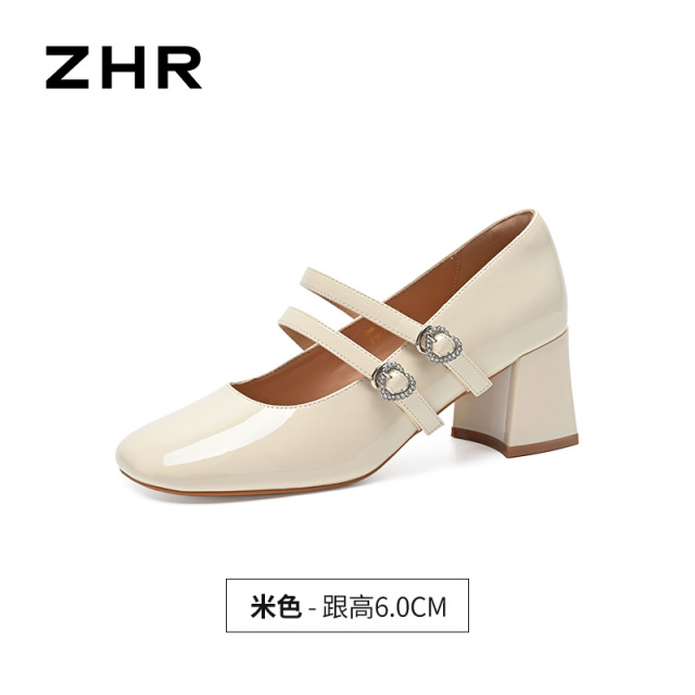 13628320.【ZHR则则】粗跟玛丽珍鞋方头双搭扣粗跟女鞋[羊皮软垫]