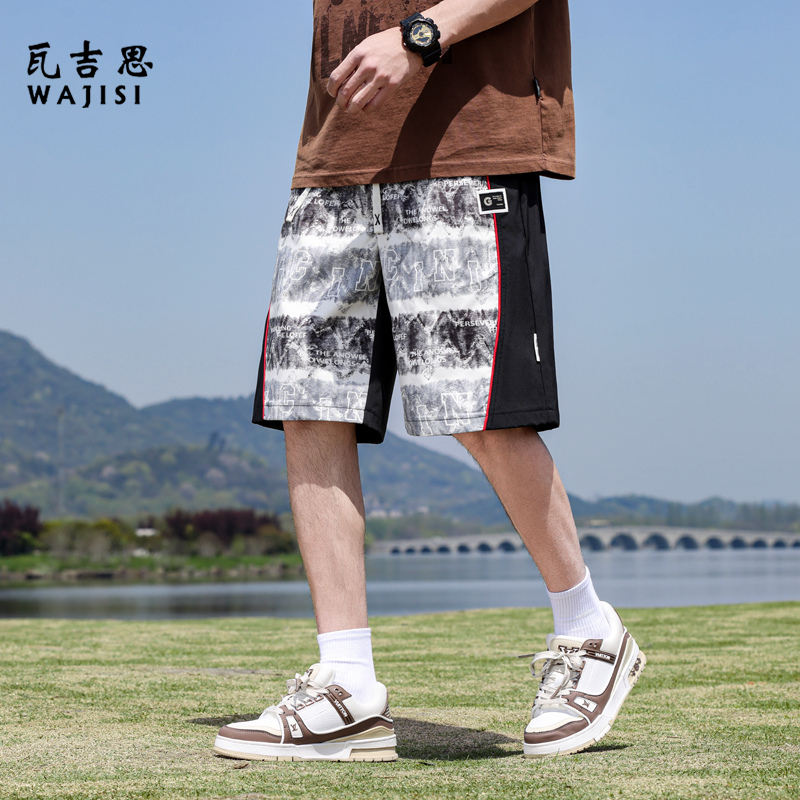 13414477.夏季新款休闲时尚潮流拼接花短裤运动日常舒适简约百搭裤子男
