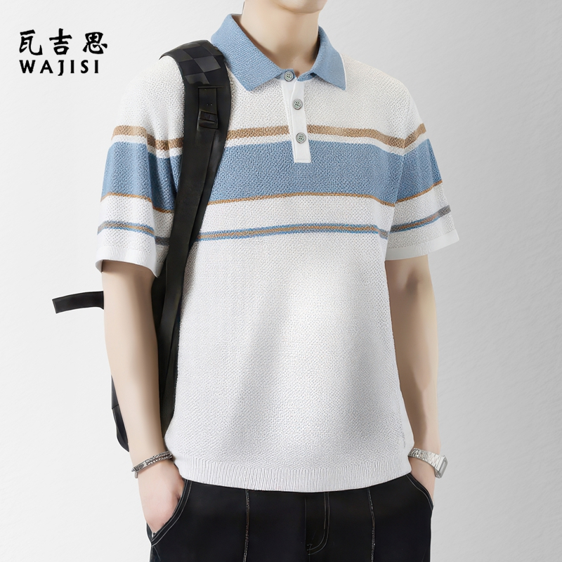 13414489.夏季新款针织短袖上衣男士薄款潮流撞色休闲翻领舒适百搭POLO衫男