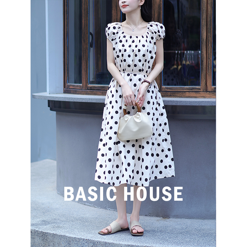 13834179.Basic House/百家好法式夏季收腰波点长裙方领连衣裙