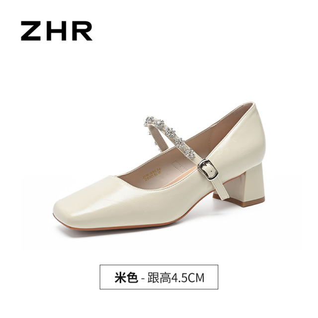 13411303.【ZHR则则】粗跟玛丽珍鞋方头搭扣粗跟女鞋[镜面PU]