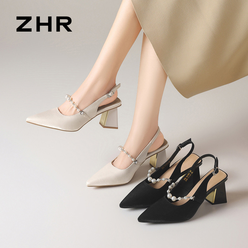13680139.【ZHR则则】后空凉鞋尖头搭扣粗跟女鞋[沙丁布]