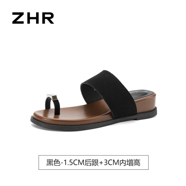 13411321.【ZHR则则】厚底拖鞋夹趾套脚厚底女鞋[米色：PU；黑色：假反绒]