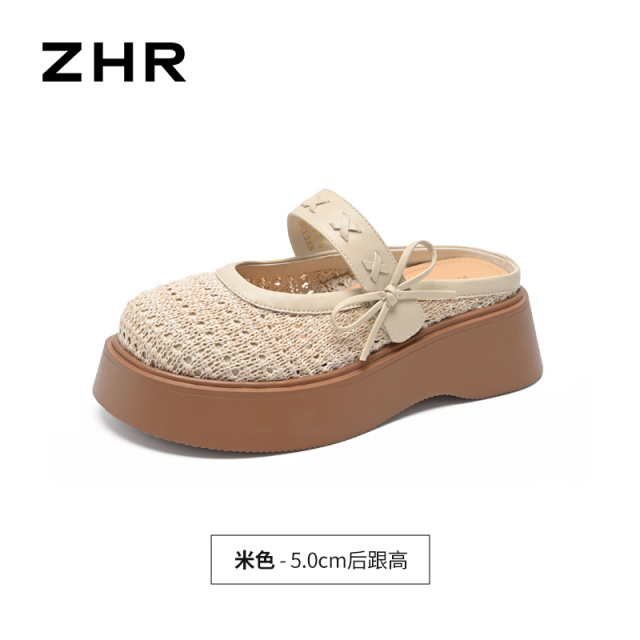 13535027.【ZHR则则】包头拖圆头套脚蝴蝶结厚底女鞋[PP草+PU]