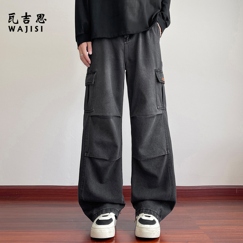 13414529.工装牛仔裤男春秋季直筒宽松黑色休闲裤子美式潮牌多口袋大码长裤