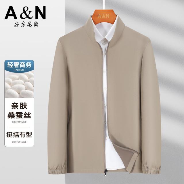 13412031.【桑蚕丝&锦氨弹力】高端商务立领夹克男春秋季简约休闲上衣外套