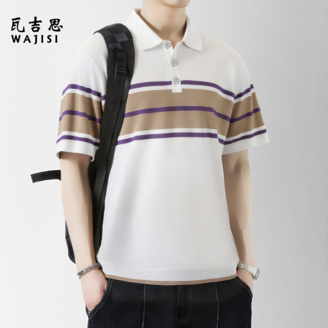 13414498.夏季新款POLO衫男士短袖T恤高端时尚撞色条纹针织翻领半袖上衣男
