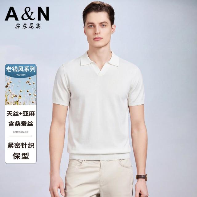 13412053.【天丝+亚麻】含桑蚕丝针织短袖POLO衫男夏季海鸥领休闲T恤