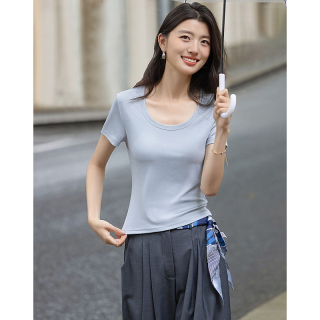 13415452.【莱赛尔空调T】夏季极简风U型领打底衫短袖小个子气质女式t恤
