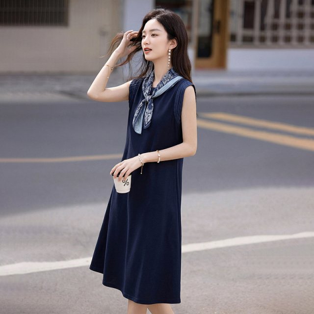 13415441.【静奏呼吸】夏季优雅都市含丝巾圆领拼接褶皱无袖中长款女连衣裙