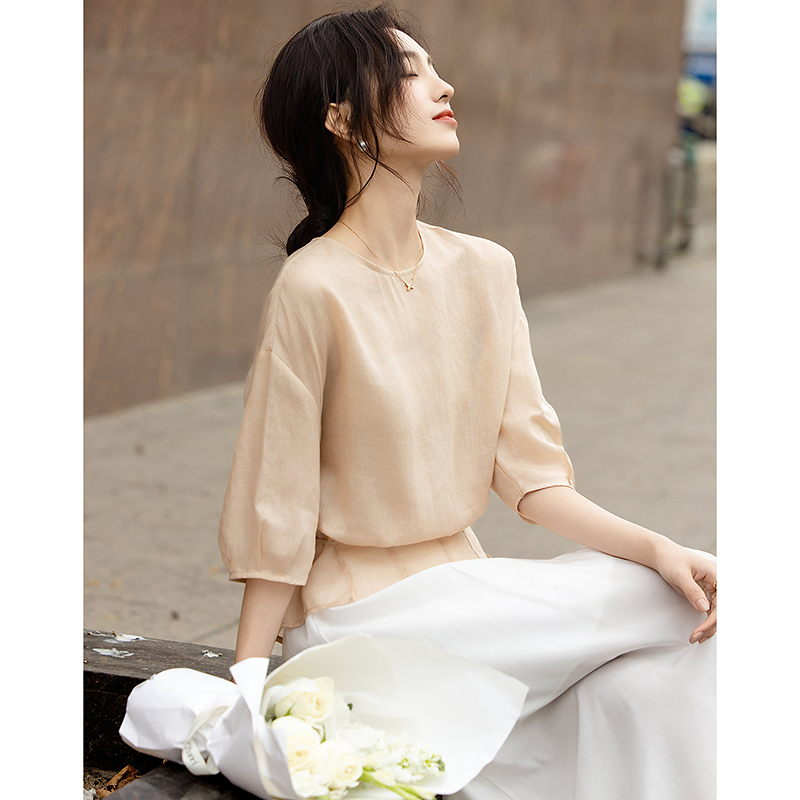 13414931.【苎麻莱赛尔混纺】夏季优雅圆领系带宽松显瘦藏肉衬衫女高级感