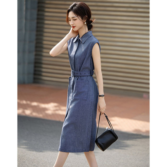 13415487.【含亚麻棉】夏季都市通勤翻领盖袖宽松显瘦小个子连衣裙女高级感