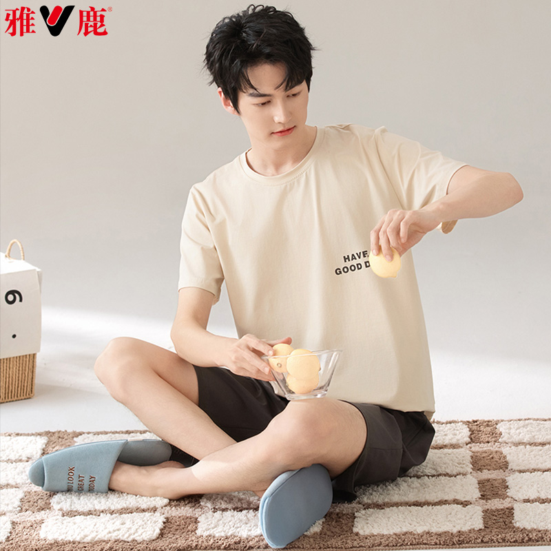 13418673.雅鹿男士纯棉睡衣夏季短袖短裤年新款可外穿休闲家居服套装QH2574