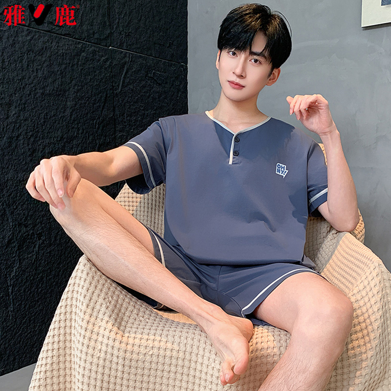 13418680.雅鹿男士纯棉睡衣2026年新款夏季短袖短裤家居服套装100%全棉休闲薄款可外穿宽松透气柔软亲肤舒适居家两件套