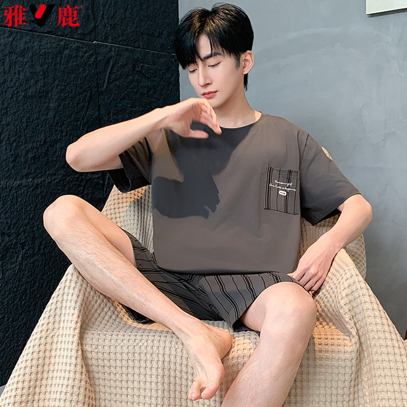 13418682.雅鹿男士纯棉睡衣夏季短袖短裤年新款可外穿休闲家居服套装QH2561