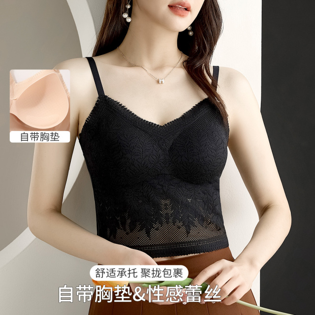 13417630.【免穿文胸 透气孔杯垫】精致性感蕾丝清凉吊带美背内衣二合一