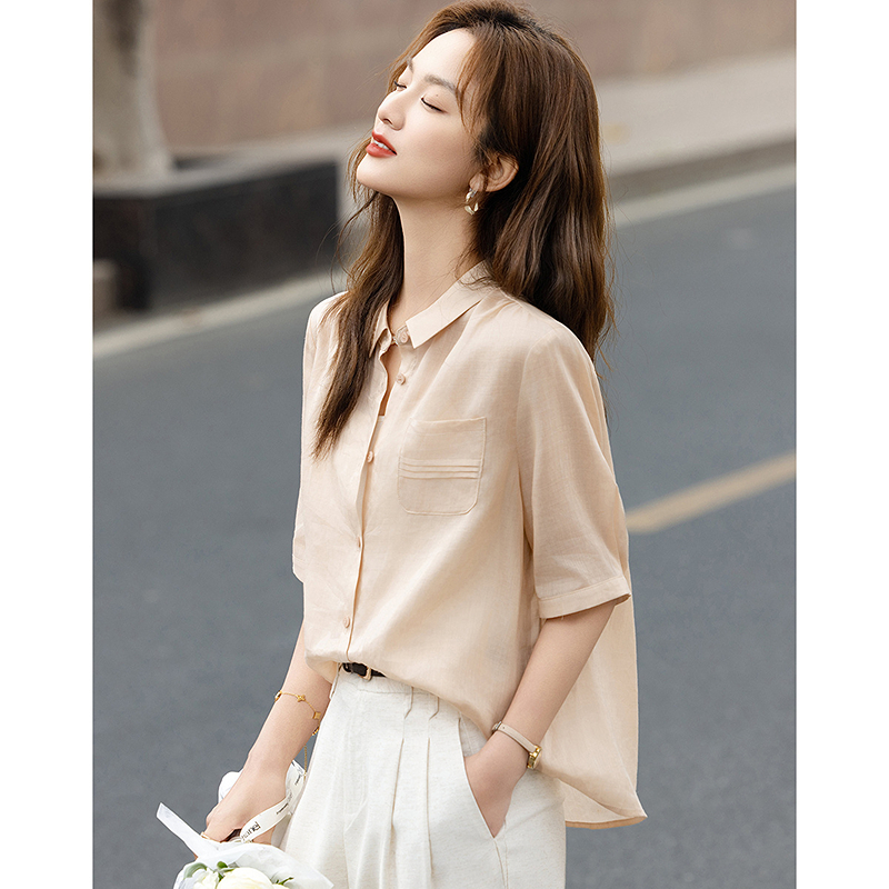 13414947.【苎麻莱赛尔混纺】夏季气质小翻领碎褶贴袋宽松显瘦衬衫女高级感