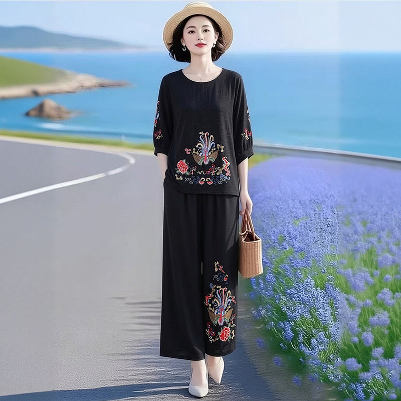 13417975.妈妈装国风刺绣中袖上衣+裤子两件套装Q5DLMY2637