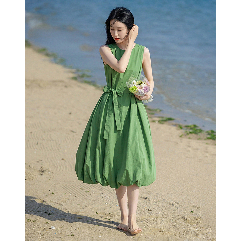 13414803.【清新纯棉】夏季一起森呼吸圆领无袖花苞显瘦A字连衣裙女高级感