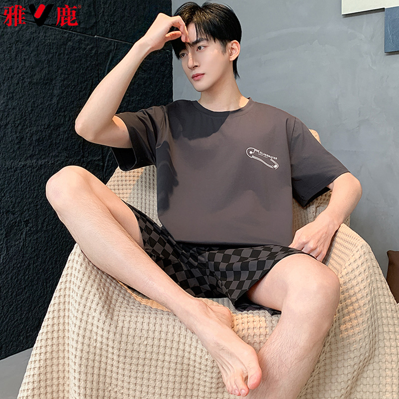 13418684.雅鹿男士纯棉睡衣夏季短袖短裤年新款可外穿休闲家居服套装QH2563