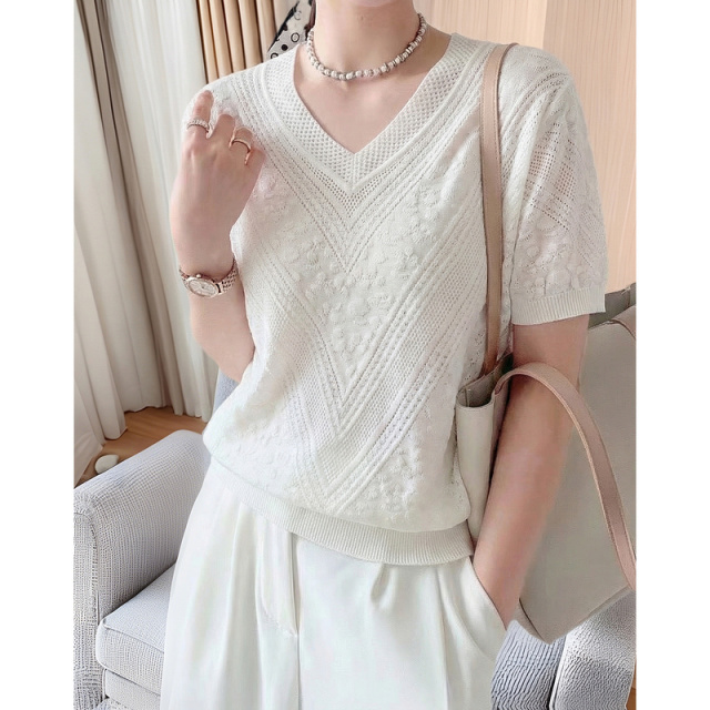 13415368.【白茶清欢】夏季法式V领浮雕提花罗纹收口显瘦小个子女式针织衫