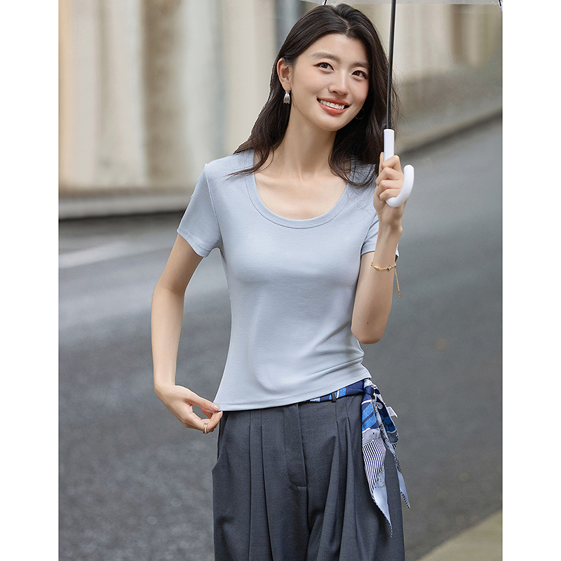 13415452.【莱赛尔空调T】夏季极简风U型领打底衫短袖小个子气质女式t恤