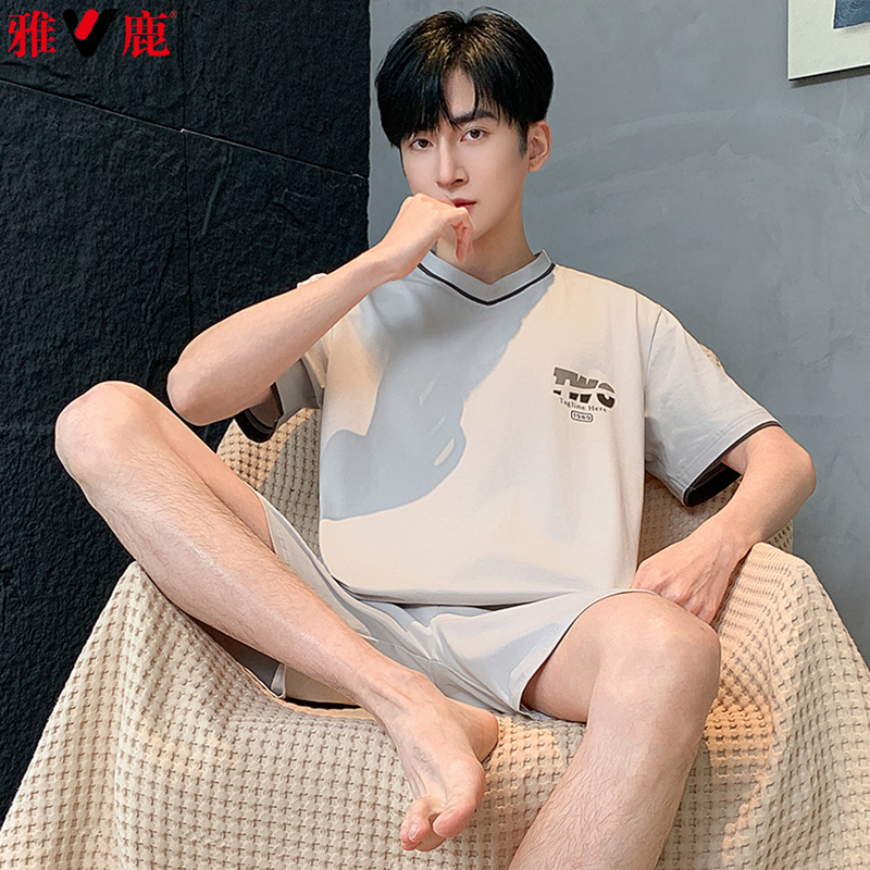 13418685.雅鹿男士纯棉睡衣夏季短袖短裤年新款可外穿休闲家居服套装QH2562