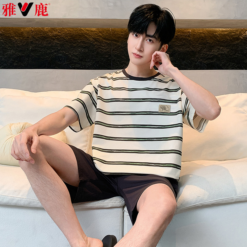 13418649.雅鹿男士纯棉睡衣夏季短袖短裤年新款可外穿休闲家居服套装