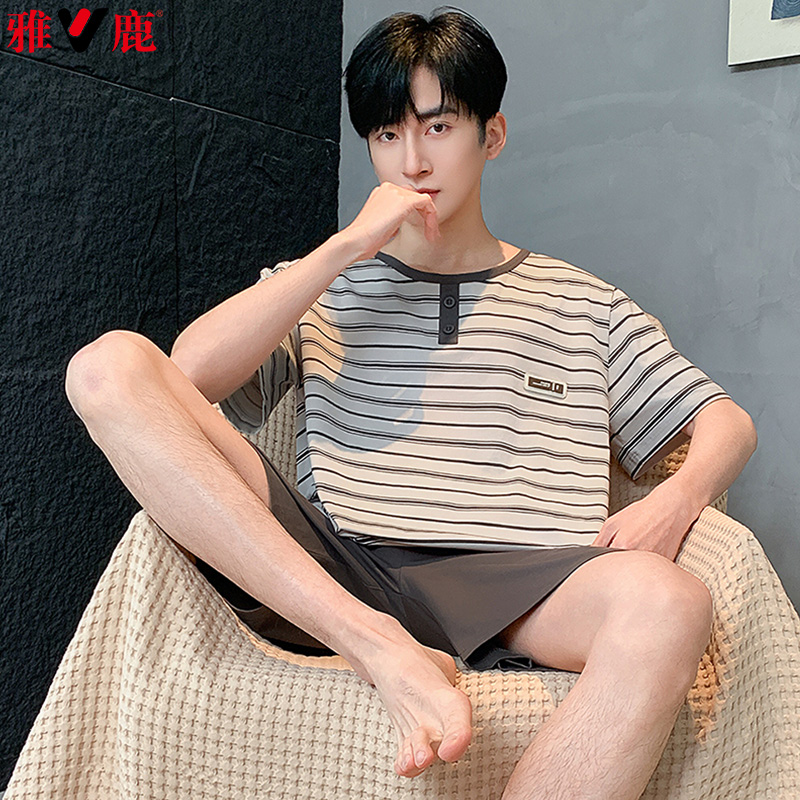 13418666.雅鹿男士纯棉睡衣夏季短袖短裤年新款可外穿休闲家居服套装QH2570