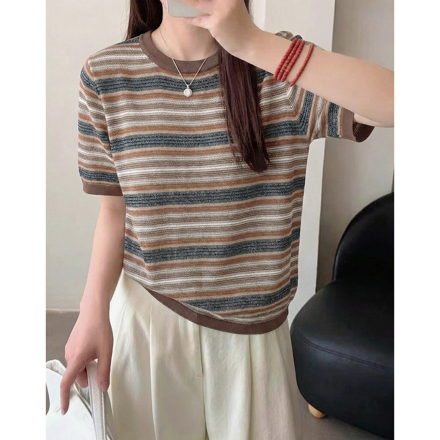 13415363.【100莱赛尔】夏季复古风撞色条纹直筒宽松显瘦针织衫女高级感