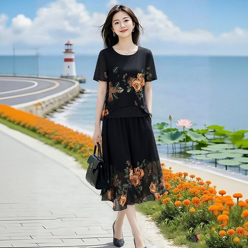 13417925.妈妈装印花假两件上衣+阔腿裤雪纺两件套装QXZYAN2618