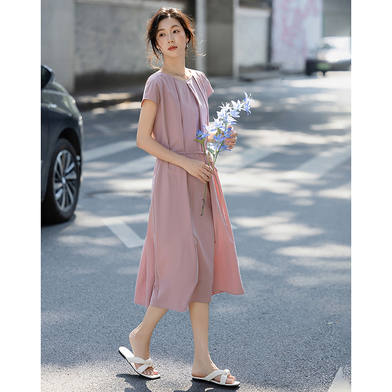 13414823.【舒爽索罗娜】夏季温婉风圆领盖袖腰带显瘦小个子连衣裙女高级感