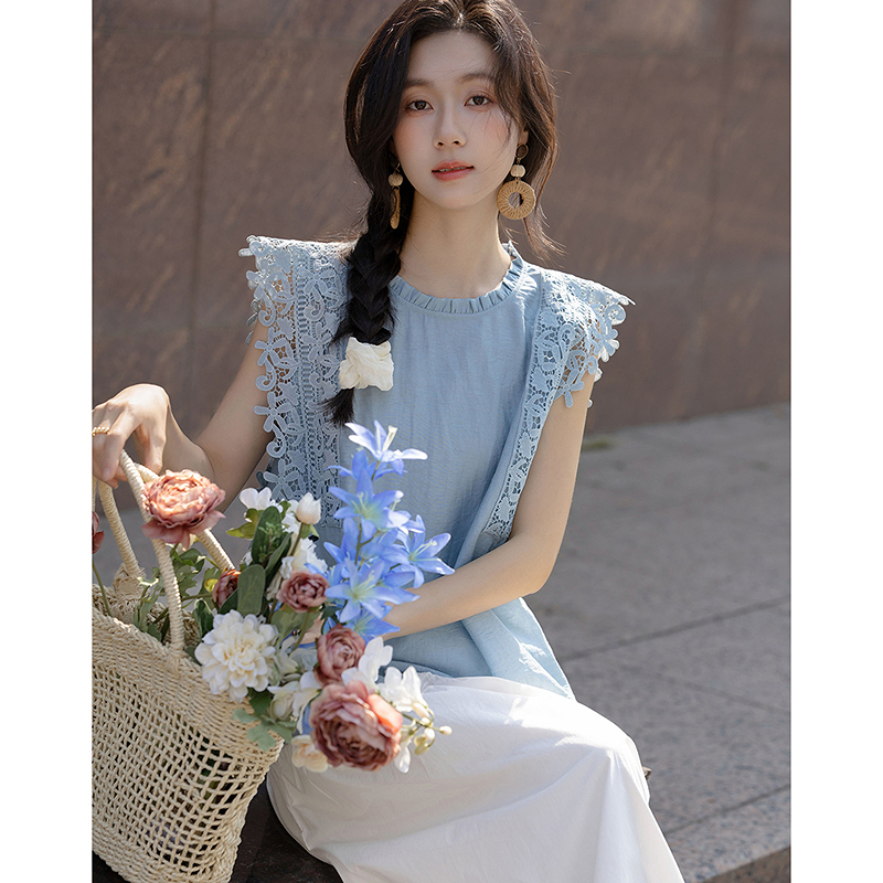 13414924.【含亚麻】夏季木耳边圆领花边装饰无袖宽松显瘦藏肉衬衫女高级